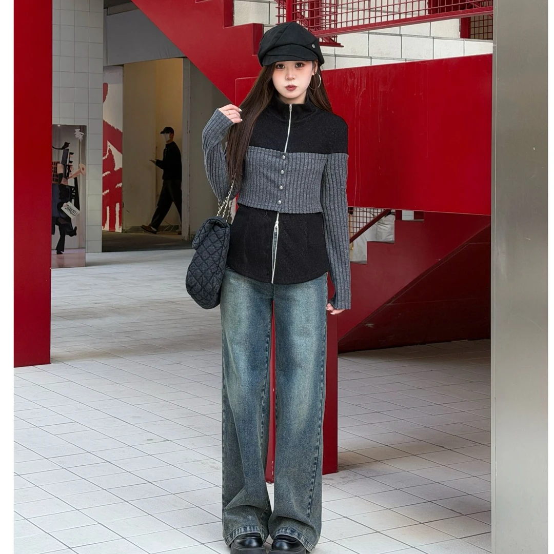 南岛风大码女装高领撞色针织开衫上衣胖mm显瘦牛仔裤套装ZZM363