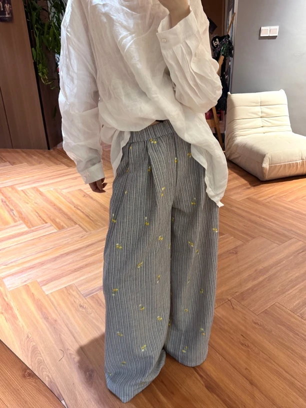 Chou Xiang·夏季棉麻高工艺绣花轻薄宽松显瘦阔腿长裤