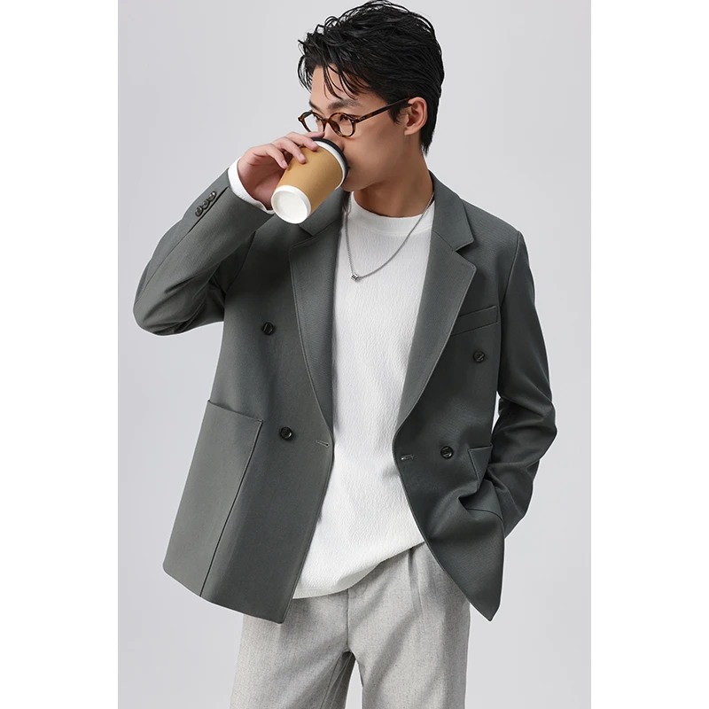 春秋新款平驳领男装商务痞帅休闲修身轻熟风双排扣西装西服潮632