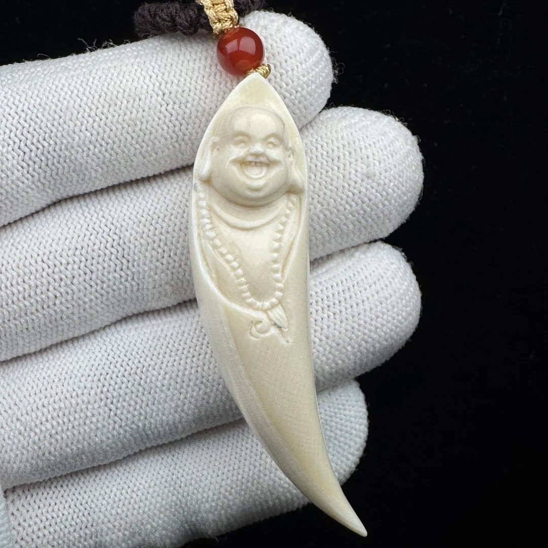 H5066天然猛犸牙 雕刻弥勒佛牙尖62.3mm支持鉴定 假一罚四