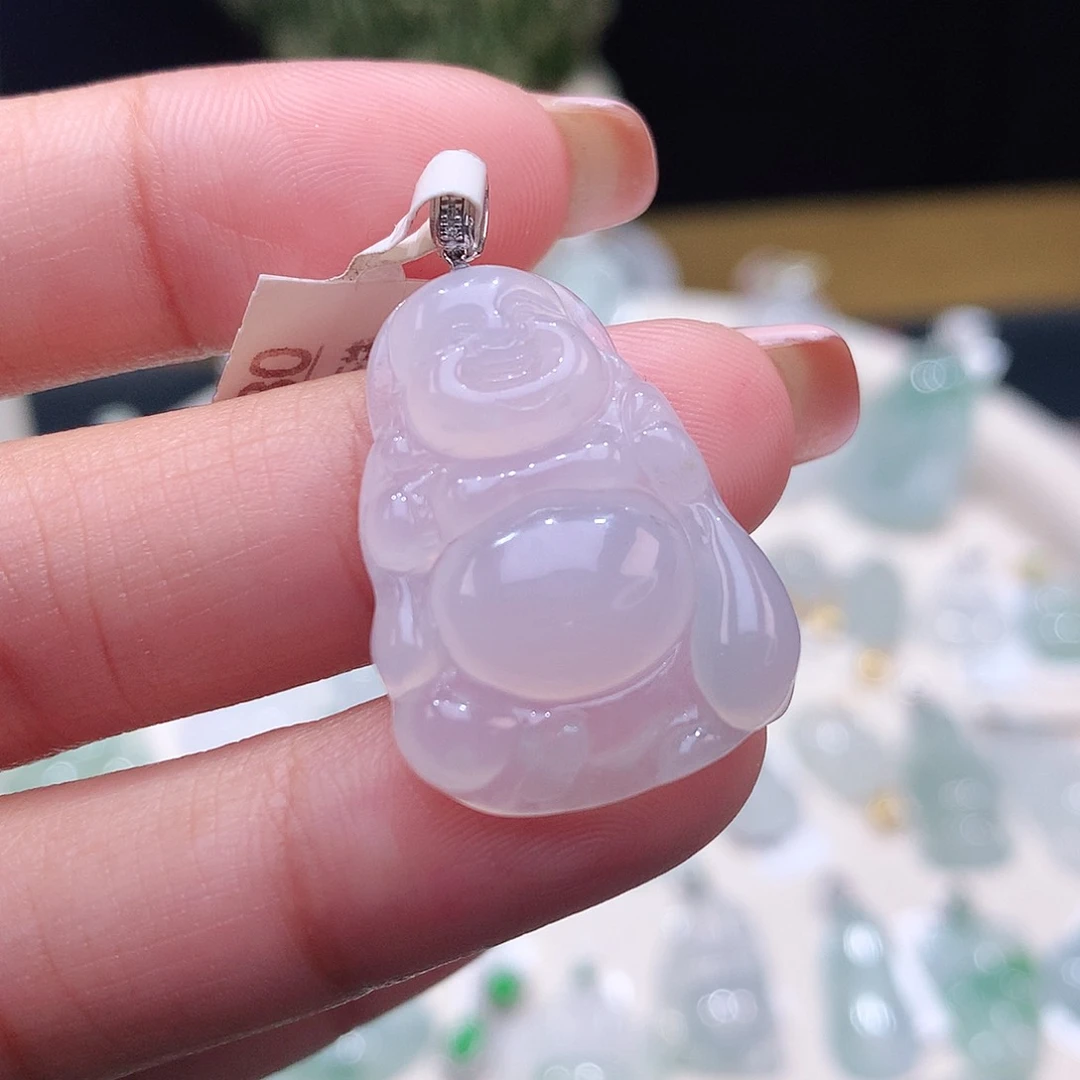 颈饰18K金镶嵌翡翠布袋佛