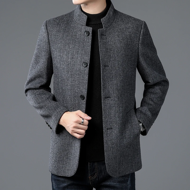 2025冬季新款双面呢中山装男士毛呢夹克外套高端立领羊毛爸爸装