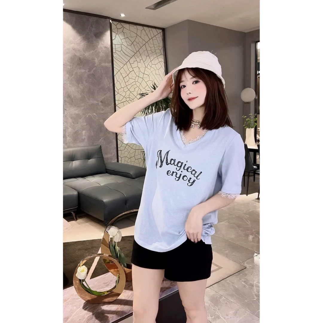妮妮家9988夏季新款蕾丝花边V领字母印花短袖T恤上衣