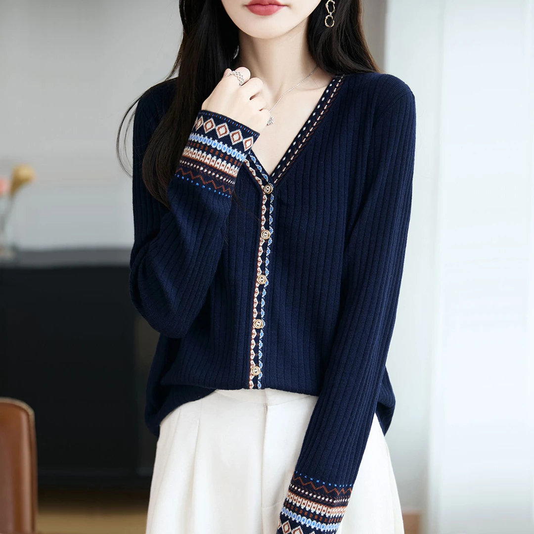 V领针织开衫外套女
