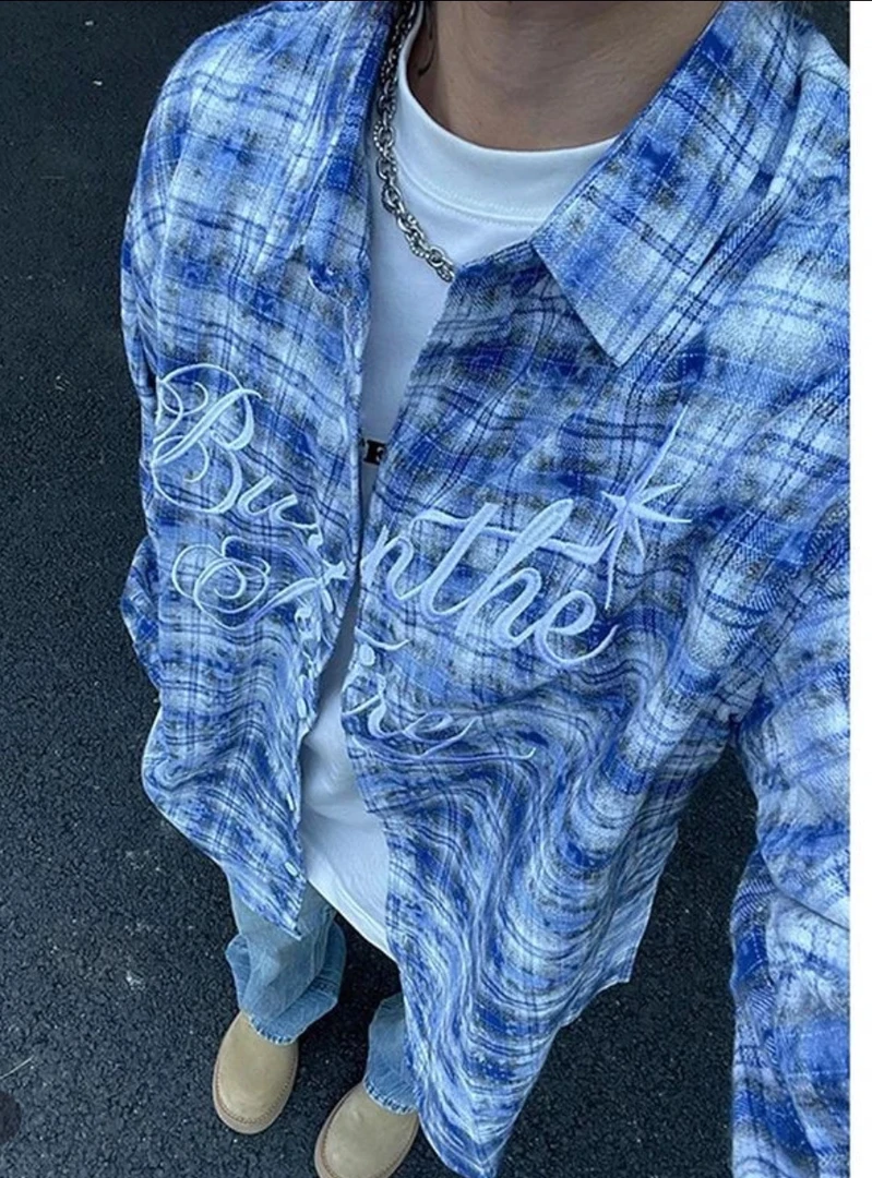 B4#某饱1张！扎染美式街头格子衬衫外套情侣宽松休闲衬衣