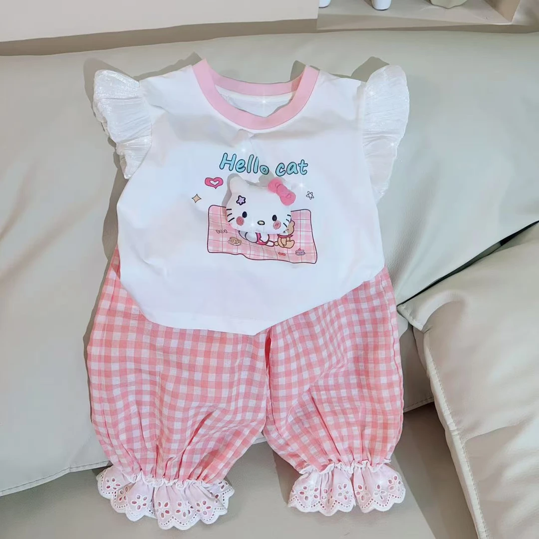 【Bao Bao】（幼儿园必备）夏款纯棉女童百搭KT猫T恤格子裤819/8858