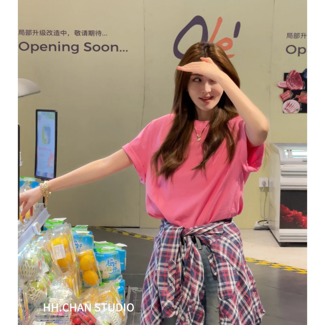 HH.CHAN“粉嘟嘟”100%棉进口水洗定制宽松显瘦百搭圆领粉色短袖