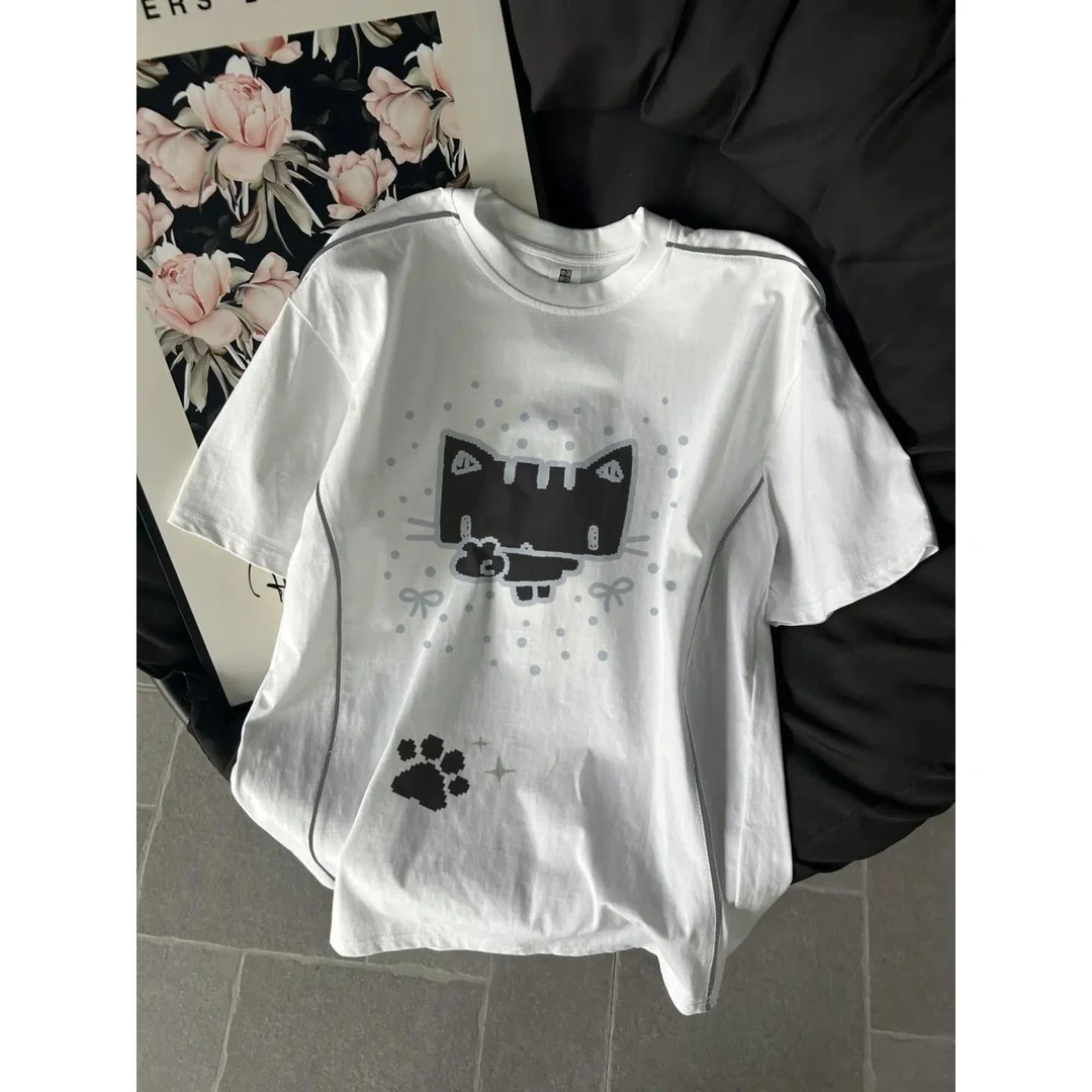100%纯棉小众设计感猫咪短袖t恤女夏季宽松可爱学生百搭圆领上衣