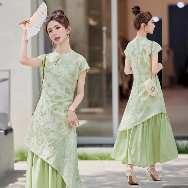 新中式改良旗袍裙女2025夏新款收腰夏季显瘦假两件拼接连衣裙复古