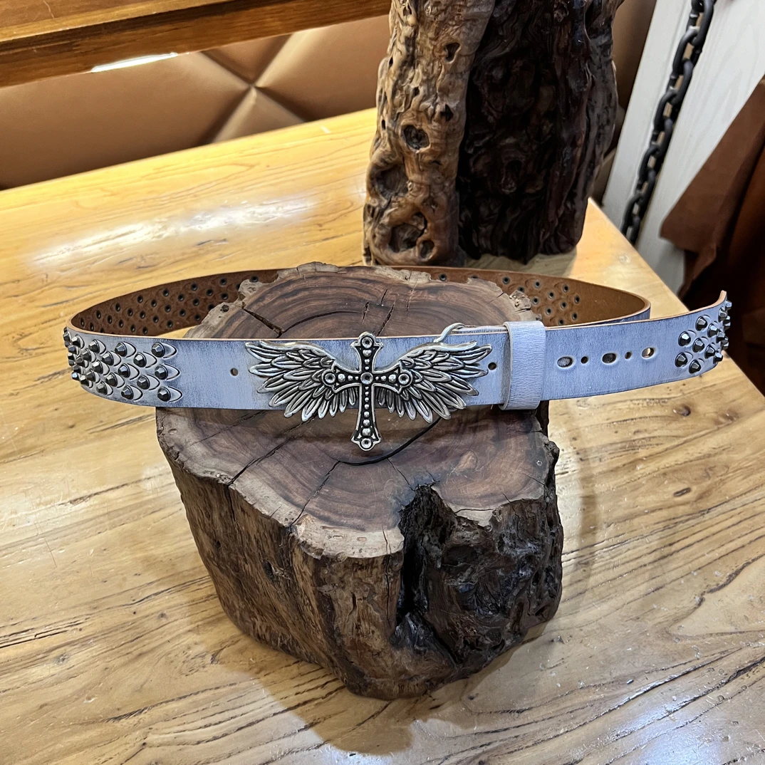 天使扣镀银扣灰白色牛皮腰带头层牛皮