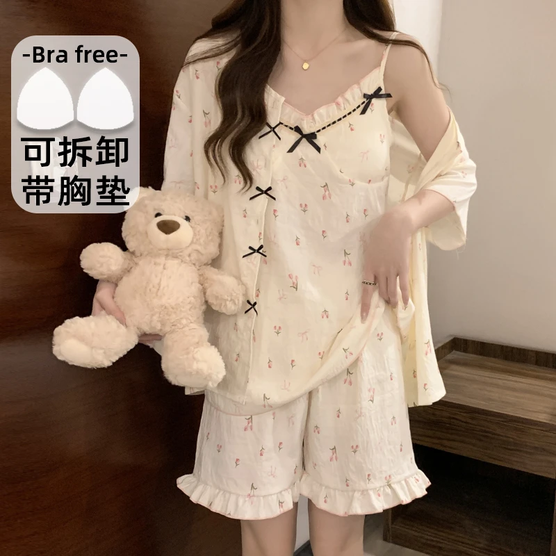 大码睡衣三件套女夏季甜美带胸垫吊带短袖开衫短裤套装胖MM家居服