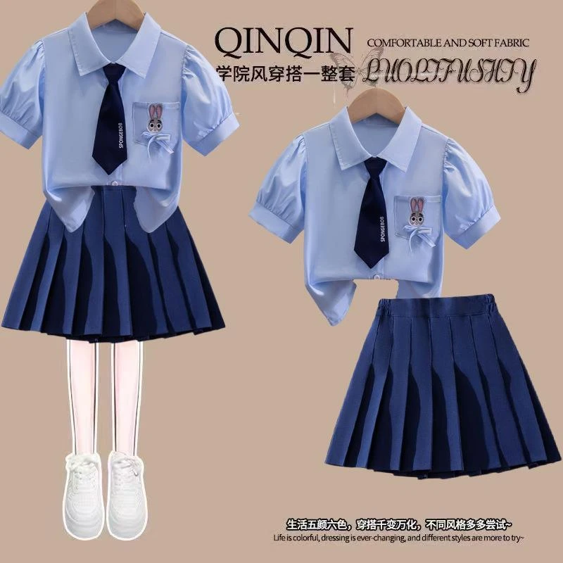 FAVMARTHA女童半身裙衬衣套装中大童裙子jk学院风百褶裙夏装儿童