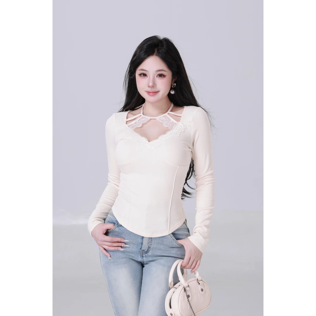 现现MengFairy【香甜软糯】纯欲设计感修身针织挂脖长袖上衣4213M