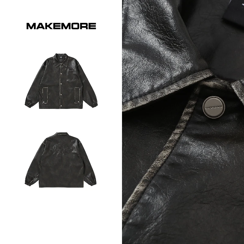 Makemore皮衣外套男新款秋季高级复古PU擦色刺绣翻领情侣夹克上衣