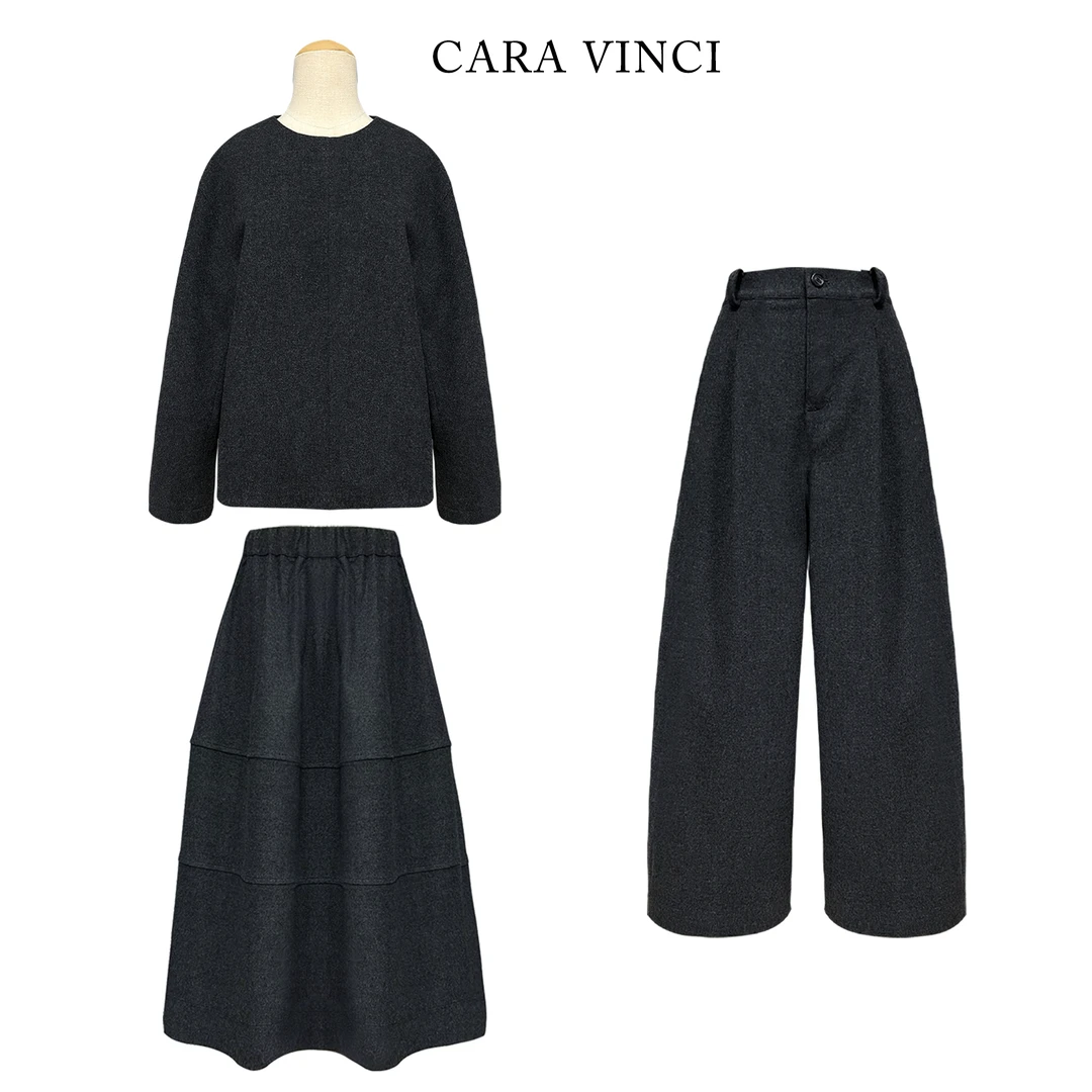 CARA【暖灰暗调】羊毛圆领套头上衣极简休闲半身裙宽松阔腿时尚套装