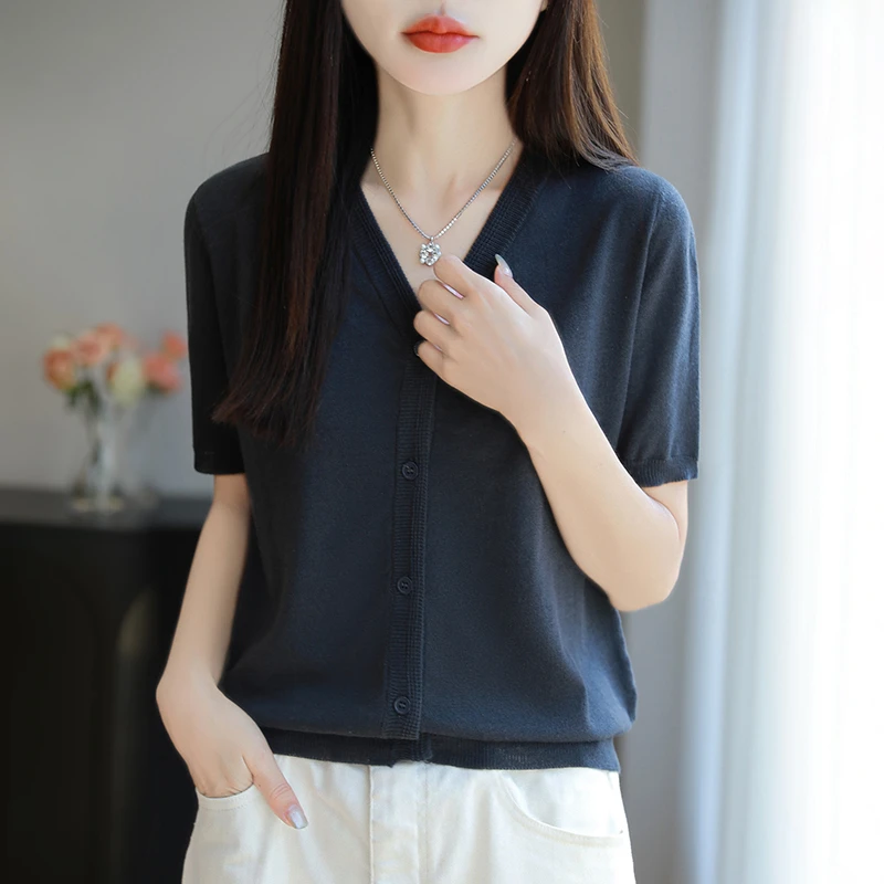 哥弟阿玛施正品新款短袖V领针织开衫夏季薄款气质百搭小衫上衣女