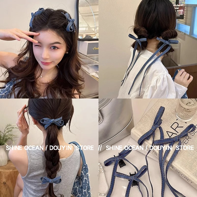 双海甜酷牛仔蝴蝶结刘海侧边夹高级感气质时尚复古少女搭碎发夹