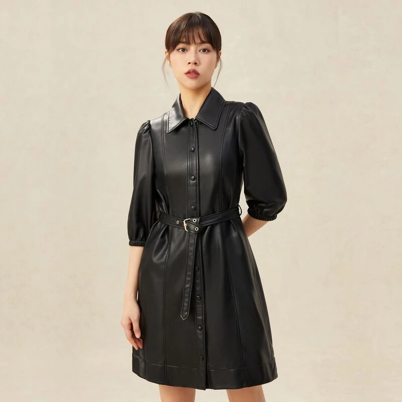 哥弟真的好女装新款泡泡袖PU连衣裙外套 附腰带A500183