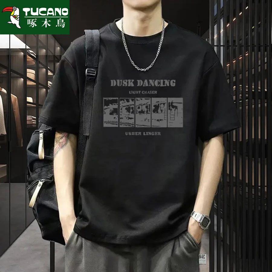 啄木鸟男款上衣夏季纯棉t恤新款短袖简约百搭印花潮流in复古半袖