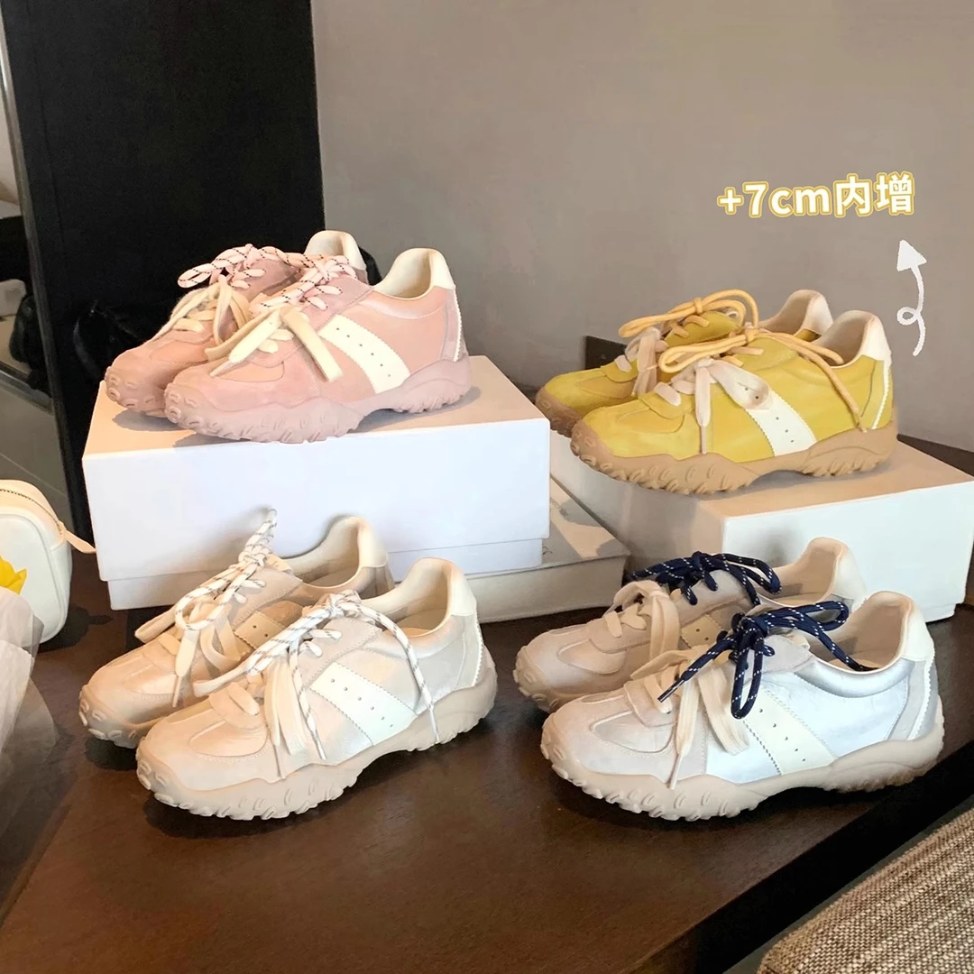 真皮内增高5cm德训鞋2025春秋季小个子厚底黄色不累脚阿甘鞋