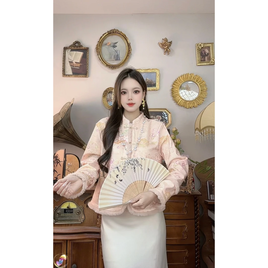 【795】新中式温柔风时尚气质女秋冬季复古国风甜美提花盘扣外套