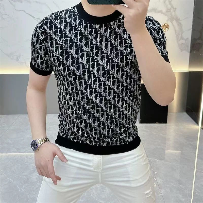 夏季新款针织伊力特男士t恤欧货提花薄款透气百搭圆领短袖男t恤潮