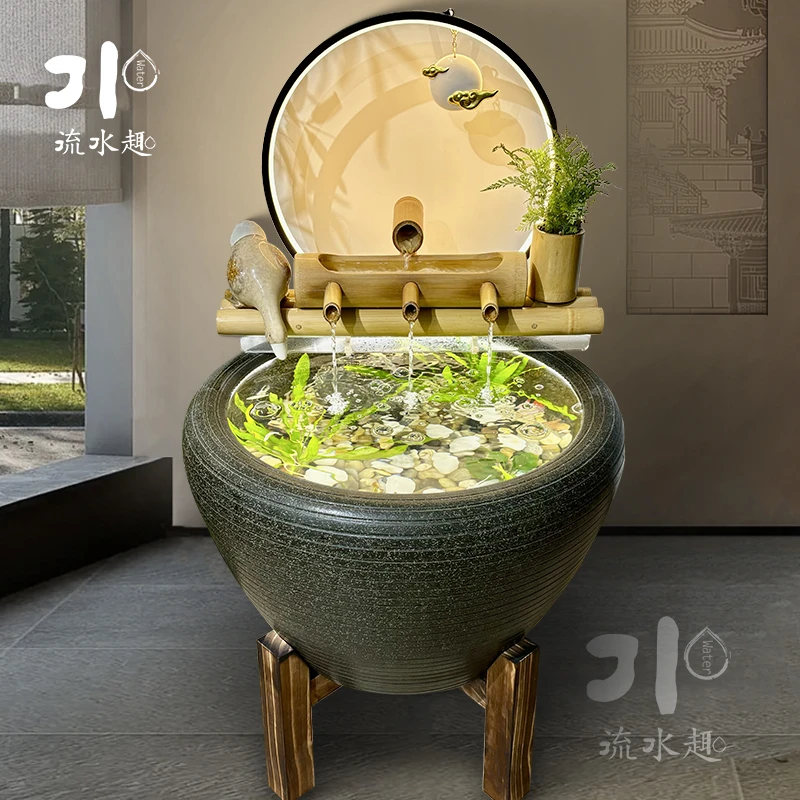 竹排鱼缸生态古法造景流水摆件自然水景装饰阳台水池置物架子竹板