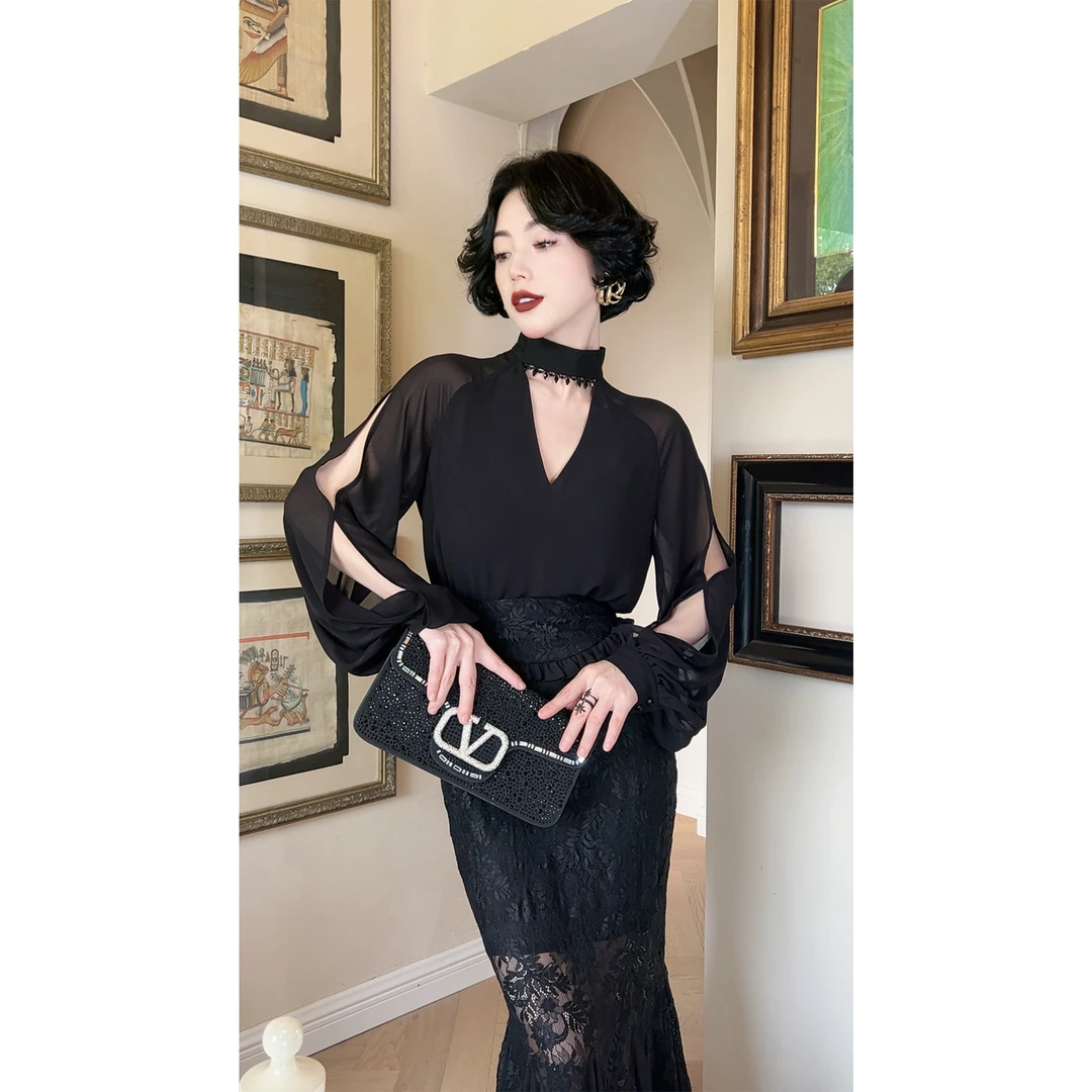 LYXJ【露比丽小姐】夏季显瘦复古黑色系上衣11082