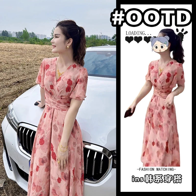 巨好看的掐腰粉色碎花连衣裙女夏茶歇法式度假名媛风风情万种裙子