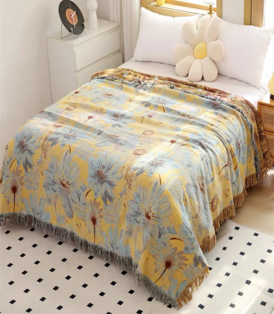 新款150*200【荷花】复古柔软纱布多功能双面可用流苏毯