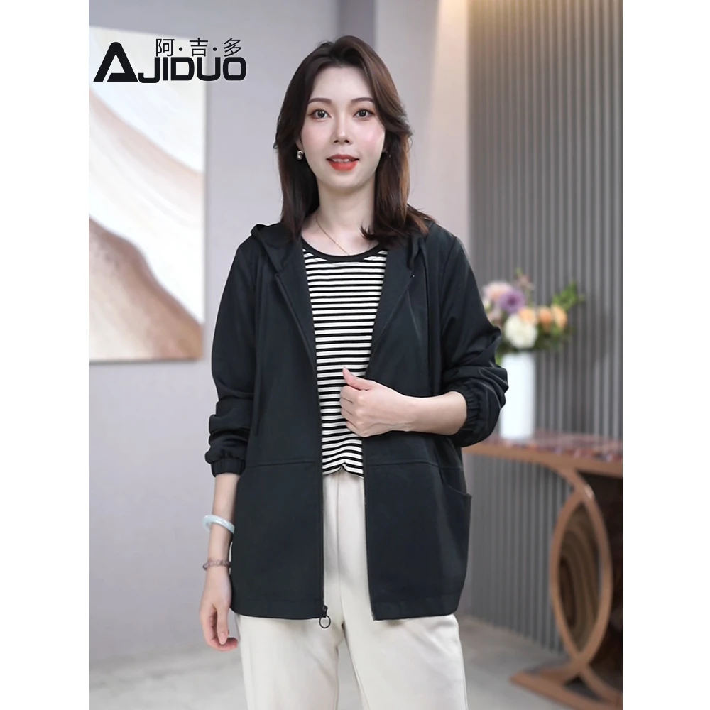 阿吉多A22210休闲大码女装黑色长袖连帽开衫外套春秋新款遮肉上衣