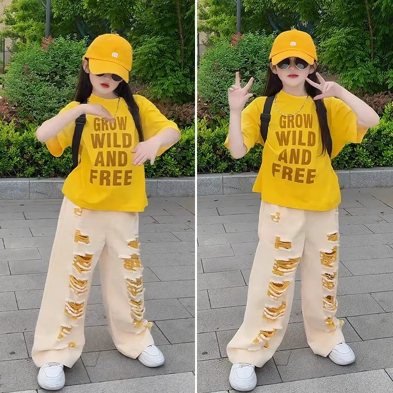 女童夏季短袖套装2025新款女大童女孩夏装初中生洋气破洞阔腿裤潮