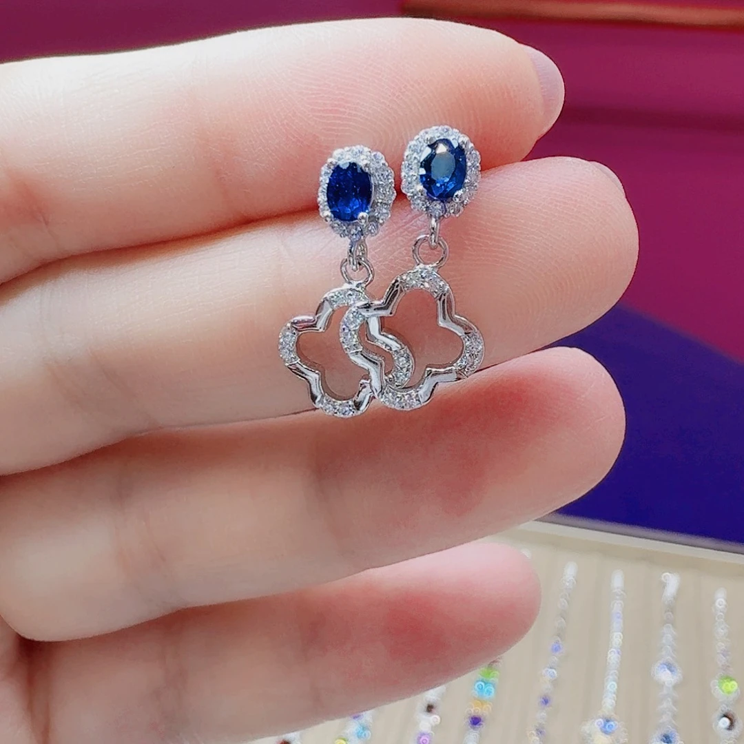 蓝宝石耳饰银S925镶嵌耳钉