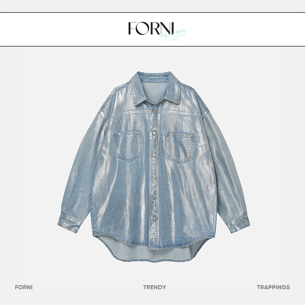 FORNI 漫长雨季 休闲牛仔衬衫长袖 时尚宽松潮流翻领水洗