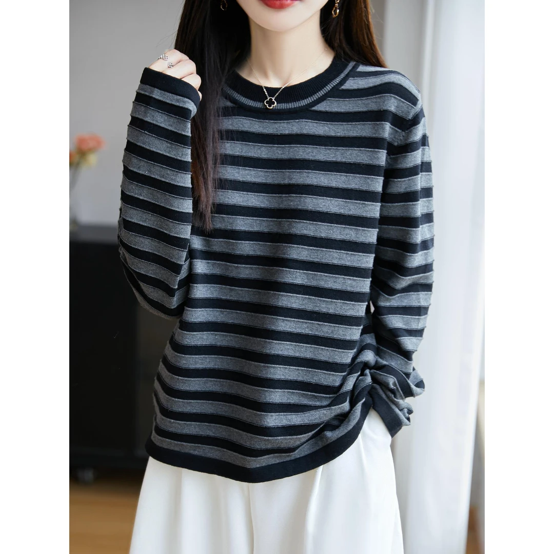 秋冬纯棉条纹针织衫女圆领宽松大码打底衫慵懒风长袖上衣显瘦毛衣