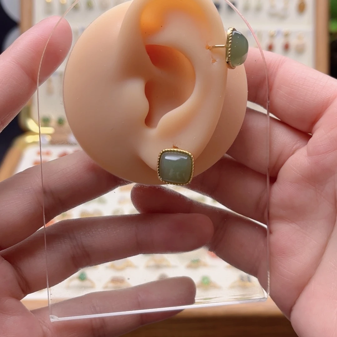 和田玉银S925镶嵌耳饰