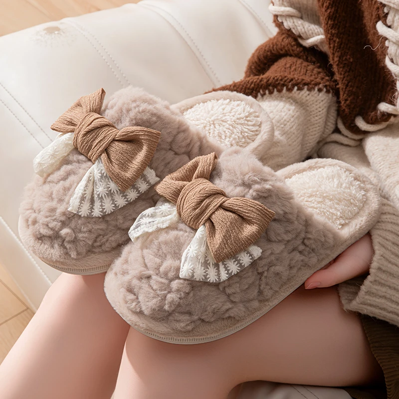 2025新款蝴蝶结棉拖鞋室内居家防滑女士厚底超软秋冬季拖鞋冬天