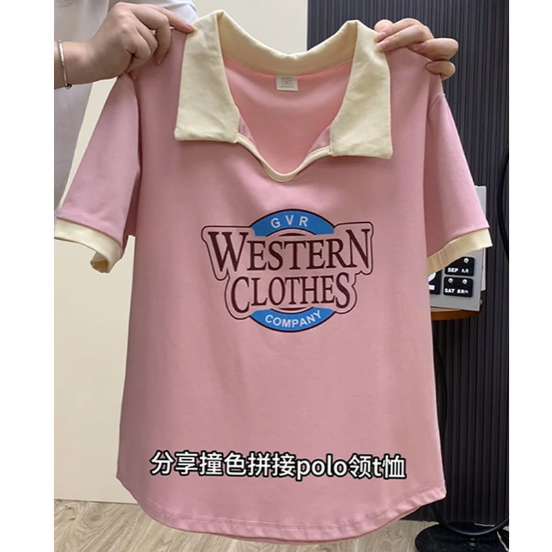 大码200斤字母印花拼色上衣夏季韩版简约休闲显瘦polo领短袖女t恤
