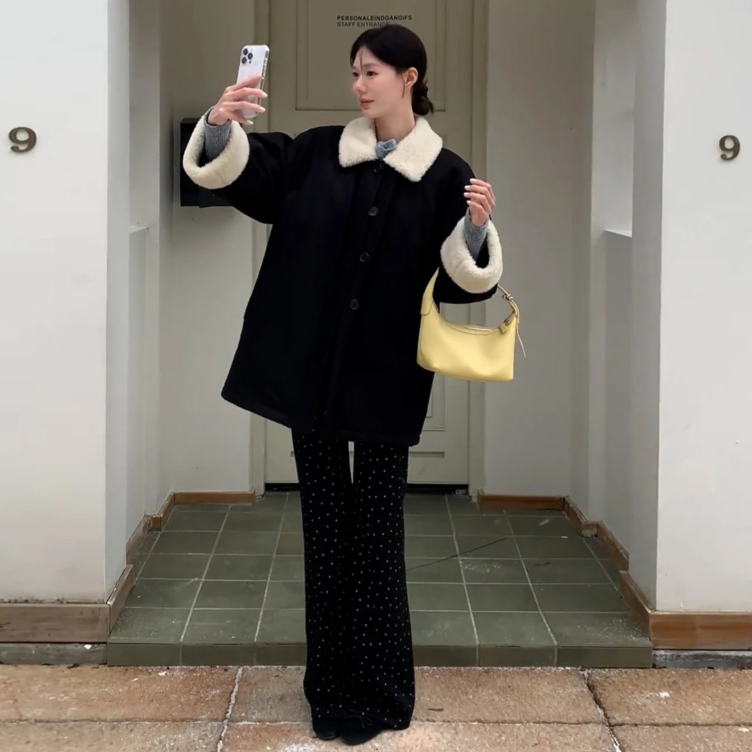 2025新款黑色高级感韩系加厚慵懒风羊羔毛毛绒外套女秋冬休闲百搭