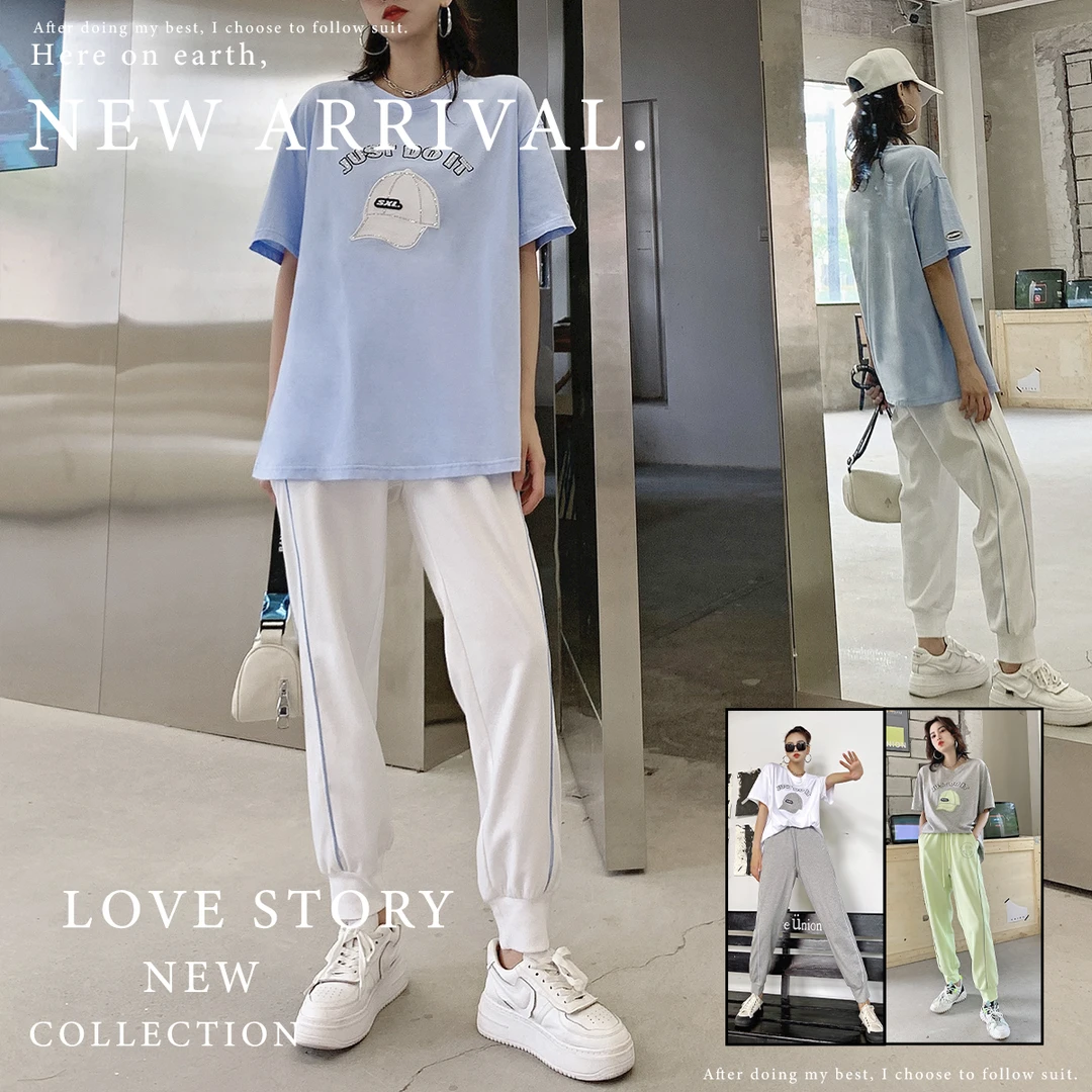 【帽子戏法】气质T恤休闲裤束脚球线条字母套装女2110667