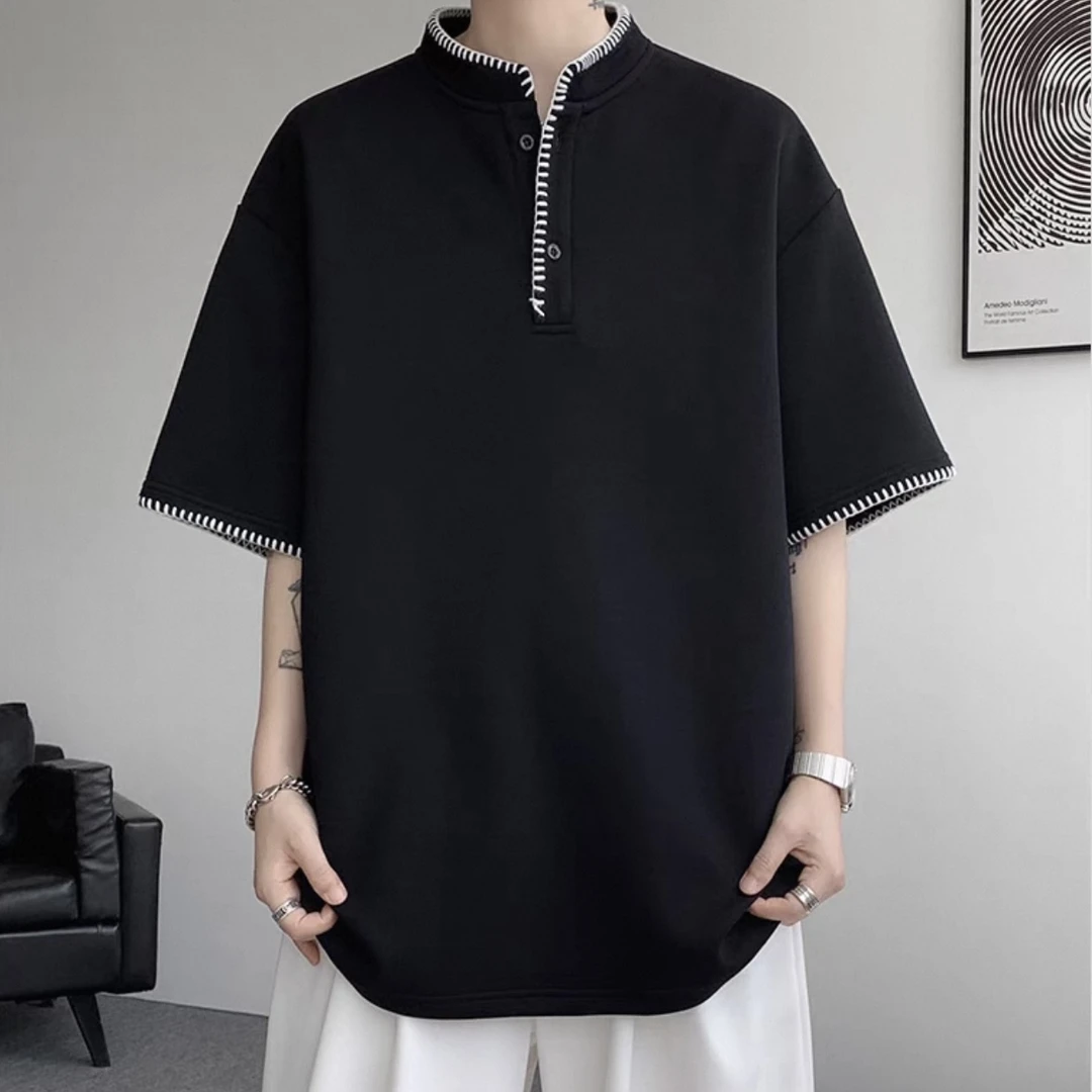 夏季重磅亨利领刺绣短袖男女cleanfit休闲百搭短袖-913