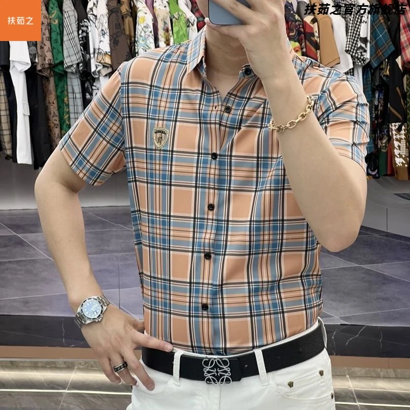 夏季新款短袖男士衬衫时尚潮流高档休闲商务大码格子花纹衬衣