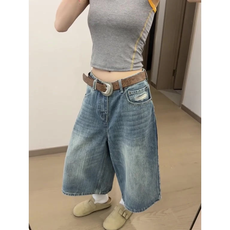 复古水洗阔腿宽松显瘦七分牛仔裤女夏季新款美式破洞设计感直筒裤