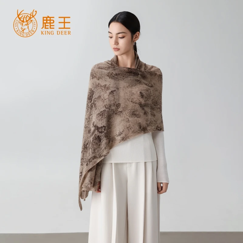 鹿王25秋冬新款100山羊绒精纺时尚印花针织披肩女 WXL008