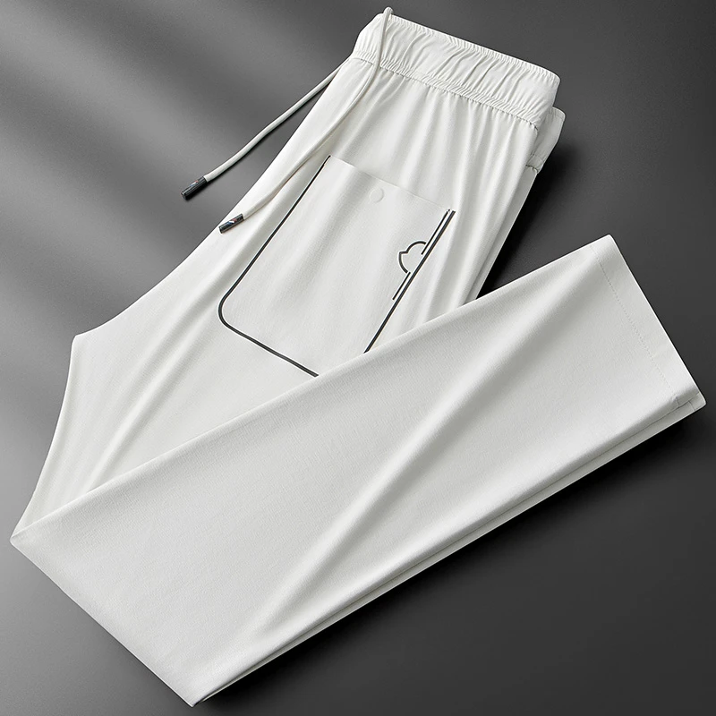 夏季男士冰丝薄款口袋压胶卫裤男直筒垂感休闲百搭透气运动裤男