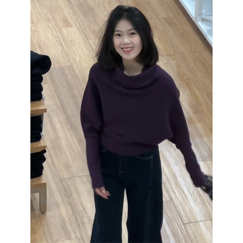 欧货洋气紫色蝙蝠袖针织打底衫女春秋内搭小个子宽松短款毛衣上衣