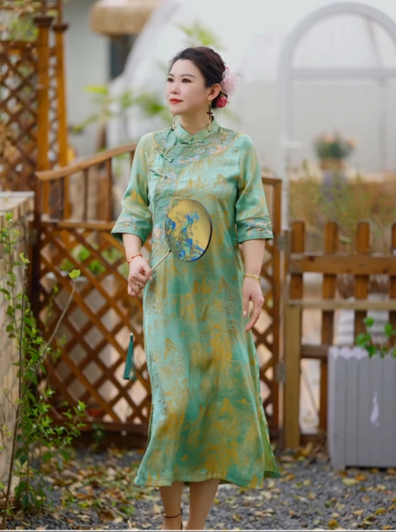 （东方美-古韵江南）春夏新中式国风复古盘扣重磅刺绣金标连衣裙