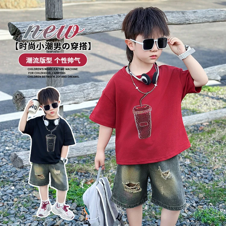 儿童装夏日套装男童薄款牛仔短裤2025夏装新款中小童短袖两件套潮