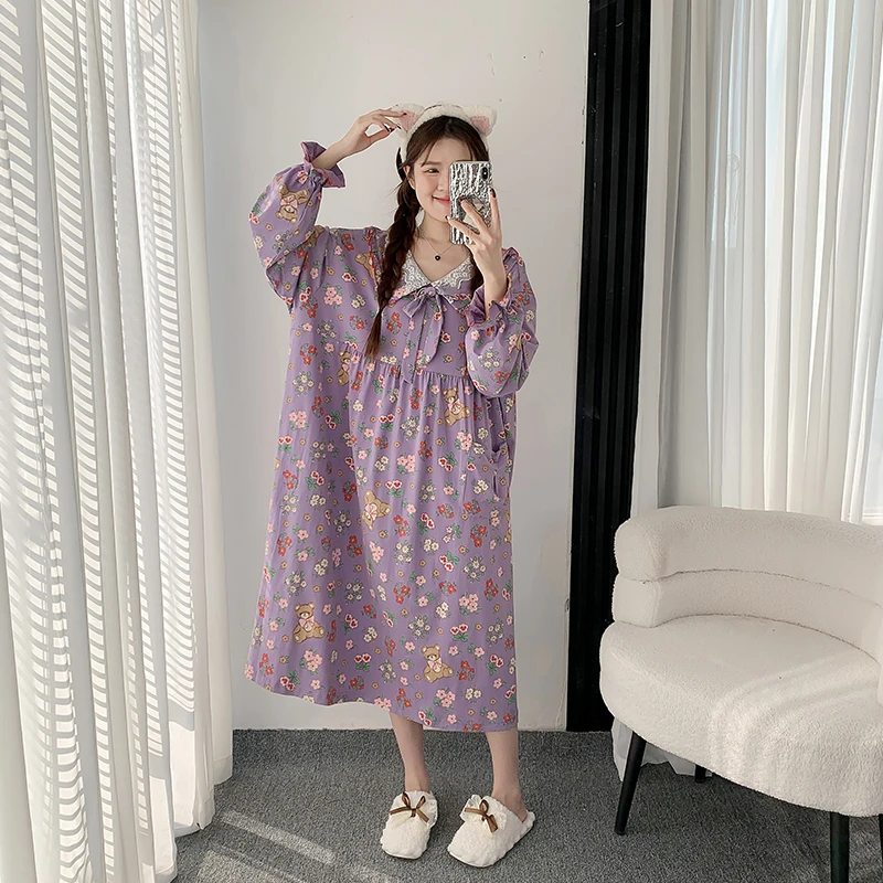 春秋公主风针织棉睡裙长袖加长款过膝胖MM200斤孕妇宽松睡衣加肥