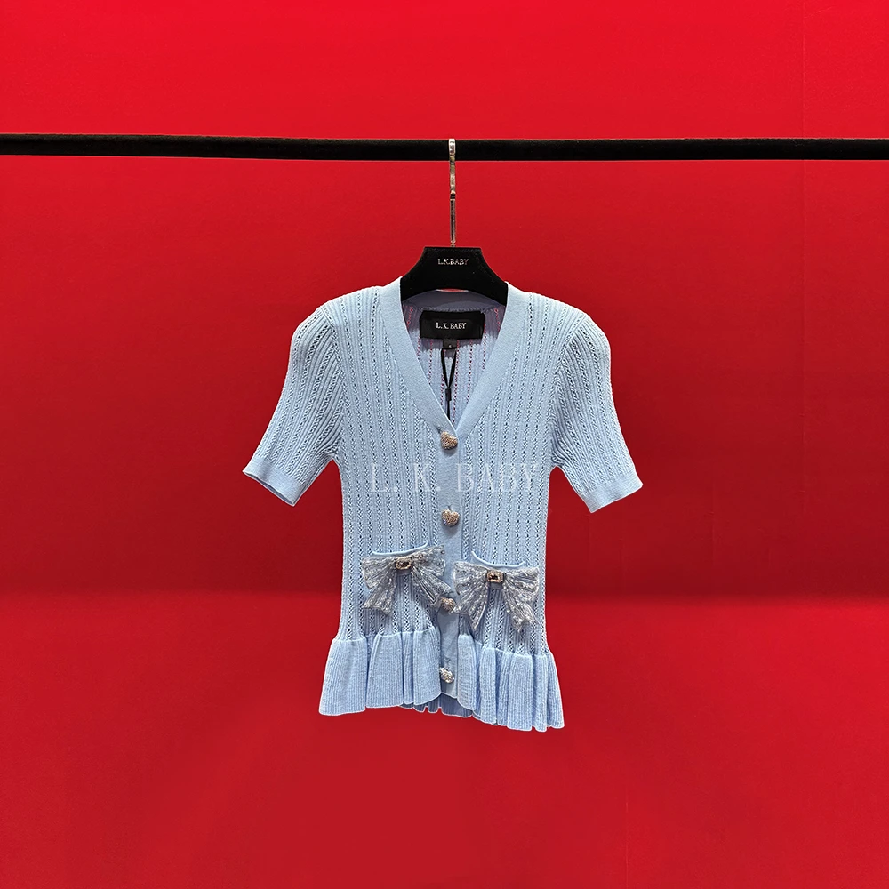 【L.K.BABY】 海盐水晶A 法式气质蝴蝶结荷叶边镂空纹理短袖上衣